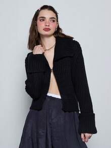 COUREZ Áo khoác cardigan ôm dáng, có khóa cài và cổ áo rộng / Trang phục mùa đông Y2K cho nữ, áo len dệt kim mềm mại ấm áp, áo kiểu thường ngày cho nữ, áo đi chơi, dự tiệc, đón năm mới. - màu đen - Xem 1