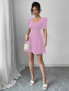 Elenzga Women's Square Neck Gigot Sleeve Beaded Mini Dress - Mauve Purple - View 6