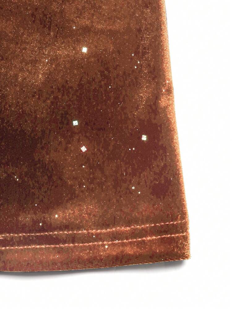 Lyxana Đầm nhung đính sequin phối màu thanh lịch dành cho nữ, kiểu dáng ôm eo, có nơ và bèo nhún, thích hợp cho mùa thu. - Màu Cam cháy - Xem 5