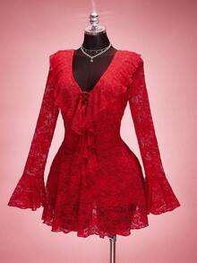 SHEIN ICON 大码女式红色网纱V领荷叶边迷你连衣裙，情人节风格，Y2K时尚，适合秋季、约会和性感穿着。优雅女式秋季连衣裙。 - 紅色 - 查看 6