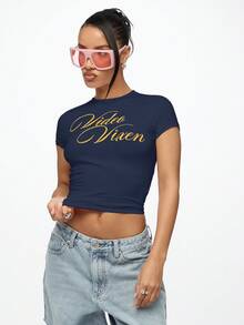 SUMWON WOMEN Video Vixen Graphic Baby Tee Crop Top Short Sleeve Cotton Casual Everyday Fitted Script Print Lettering - Navy Blue - View 4