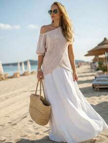 Breezaya Spring/Summer New Asymmetric Shoulder Sleeve Hollow Knit Semi-Sheer Casual Women Pullover Sweater - Camel - View 1