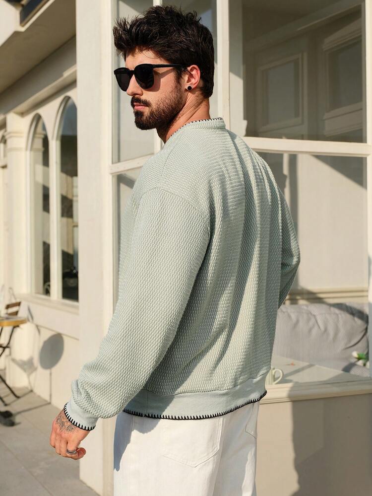 Men's Half-Zip Collar Design T-Shirt, Bean Green, Spring/Autumn