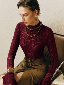 Arave 女士天鹅绒蕾丝撞色网纱双层喇叭袖口修身优雅绿色长袖打底衫，秋季女装 - 紅色 - 查看 6