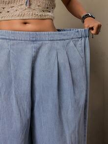 SHEIN VCAY Große Größen Lässig gestreifte Weite Hose - Babyblau - Übersicht 6