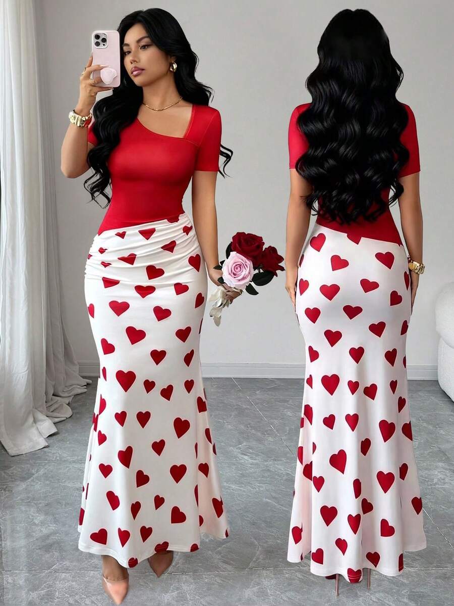 Rafferiza Elegant röd damklänning med hjärtmönster och långärmad asymmetrisk halsringning för alla hjärtans dag-dejt - Röd - Visa 1