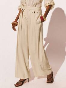 Poéselle Pantalones anchos de cintura alta con pliegues para mujer, pantalones palazzo de corte elegante en un suave beige neutro, pantalones anchos con pliegues, pantalones palazzo de cintura alta, pantalones de trabajo beige, pantalones de mezcla de lino, armario cápsula minimalista, estética neutra, estilo de oficina elegante pantalones anchos de unicolor casual - Albaricoque - Ver 5