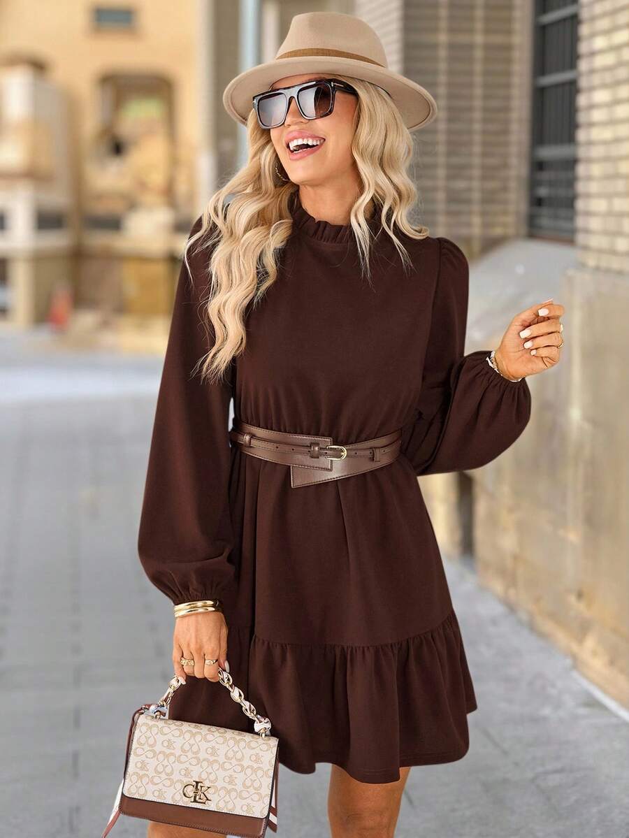 SHEIN Clasi 女款深棕色荷葉邊燈籠袖休閒洋裝,秋季優雅修身長袖巧克力棕時尚洋裝,適合早午餐與多用途穿搭 - 棕色 - 查看 1