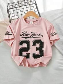 SHEIN Genkimix Kids 女童休闲运动粉色黑色字母数字印花短袖T恤，春夏秋冬款 - 淺粉色 - 查看 8