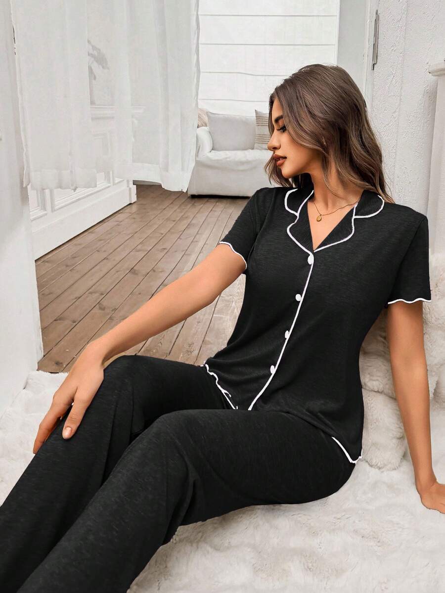 SHEIN Women's Classic Simple V-Neck Short Sleeve Top And Pants Loungewear Set, Casual Sleepwear, Thin Knit Fabric - Black - View 1