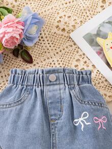 Baby GirlBlue Denim Shorts With Cat & Bow Pattern - Light Wash - View 7