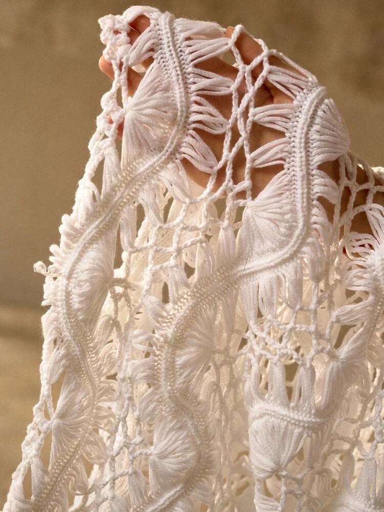 ELEGANT ROMANTIC V-NECK SLEEVELESS HANDMADE CROCHET WAVY TEXTURE WOMEN BEACH VACATION BOHEMIAN MAXI SHEER KNIT DRESS COVER UP