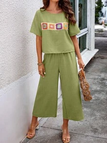SHEIN LUNE Women's Bohemian Style Pattern Patchwork Short Sleeve 2 Pieces Set - Mint Green - View 6
