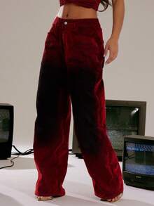 Denimoi Washed Denim Velvet Affect Straight Leg Baggy Jeans - Burgundy - View 6
