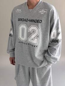 DAZY 男士宽松字母印花V领T恤套装，春夏款 - 灰色 - 查看 6