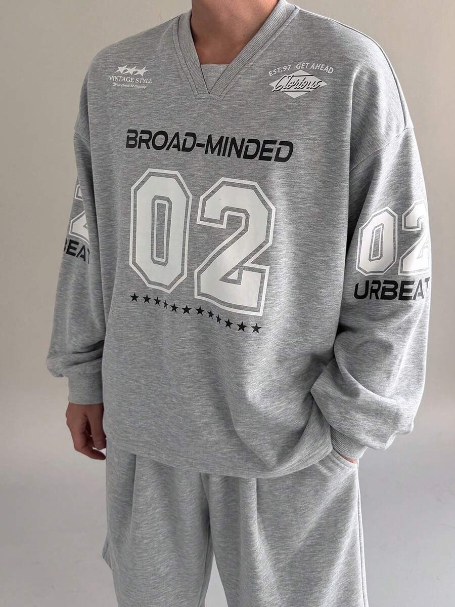 DAZY 男士宽松字母印花V领T恤套装，春夏款 - 灰色 - 查看 1