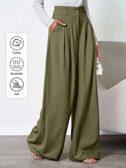 SHEIN Tall Pantalón de lino beige con pliegues profundos para mujeres altas
