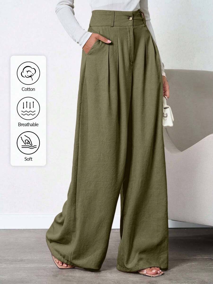 SHEIN Tall 女士高腰米色深褶亚麻长裤 - 軍綠色 - 查看 1