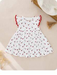 SHEIN 女宝宝可爱休闲夏季度假针织樱桃图案心形镂空短袖连衣裙 - 白色 - 查看 4