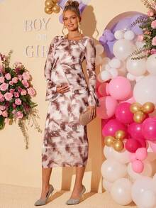 Loomaby Pregnant Women's Tie-Dye Print Asymmetric Neck Ruched Flare Sleeve Fitted Elegant Dress Dress Gender Reveal Dress Maternity Dress Baby Shower Dress Valentine's Day Earth Tone Dress Elegant Midi Dress Modest Two Piece Set 2 Piece Dress Set 2 Piece Skirt Sets Woman - Multicolor - View 8