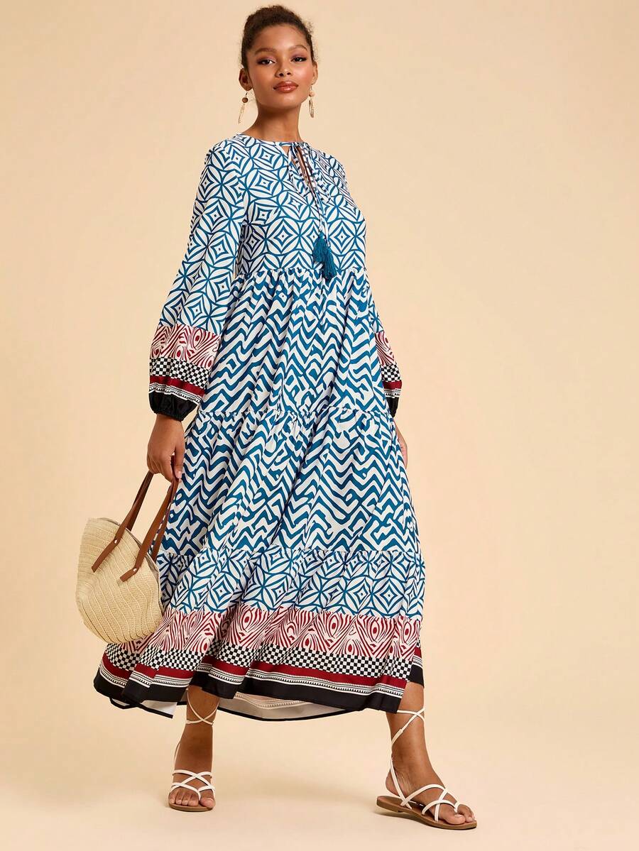 Travachic Đầm nữ tay phồng in họa tiết hình học, dáng rộng, thích hợp cho kỳ nghỉ. - Nhiều màu - Xem 1