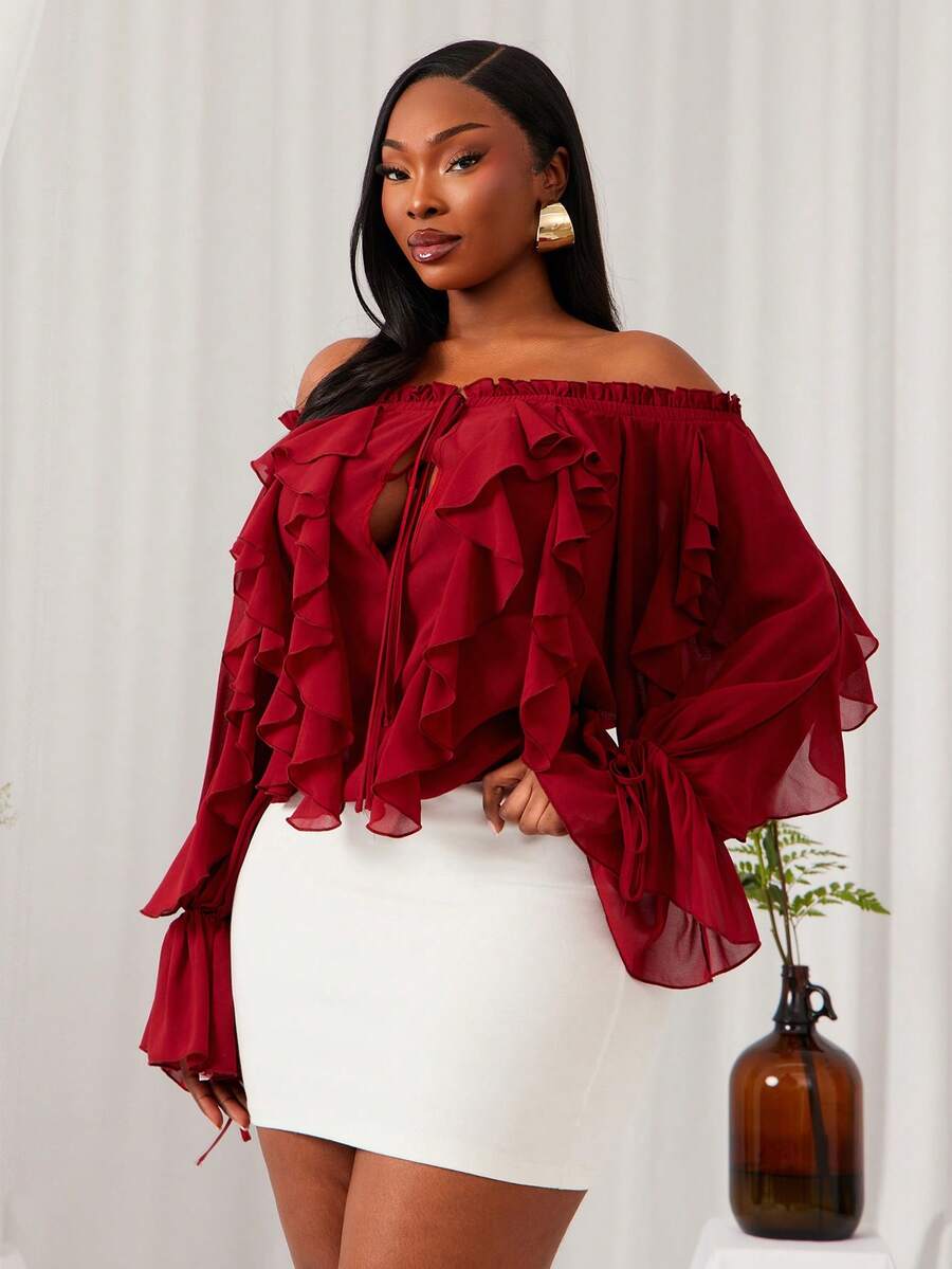 Radiana Áo kiểu nữ cỡ lớn gợi cảm và thanh lịch, trễ vai, tay phồng, chất liệu chiffon mỏng, thích hợp cho mùa xuân/hè. - Đỏ - Xem 1