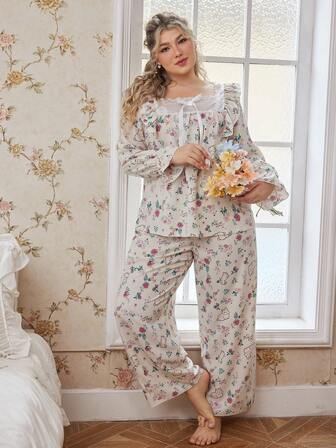 Valentinstag französischer romantischer Blumen-Hase-Muster Spitze Patchwork Schleife Dekor Glockenärmel Große Größen Frauen Pyjama Set