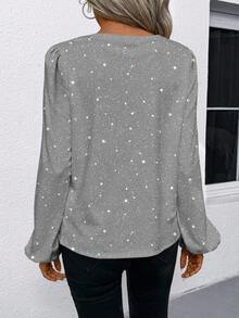 EMERY ROSE Women's Casual Elegant Notched Collar Lantern Sleeve Blouse, Suitable For Spring And Autumn Spring,New Year Clothes,,Party Top - Silver - View 2