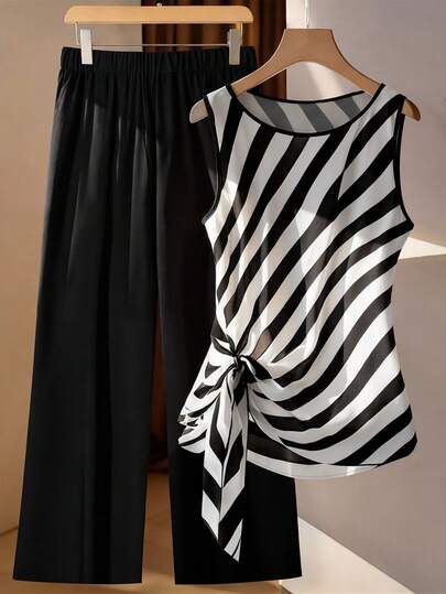 GlowEve CURVE 1 Set Plus Size Women Sleeveless Tie-Front Shirt + Loose Straight Leg Pants