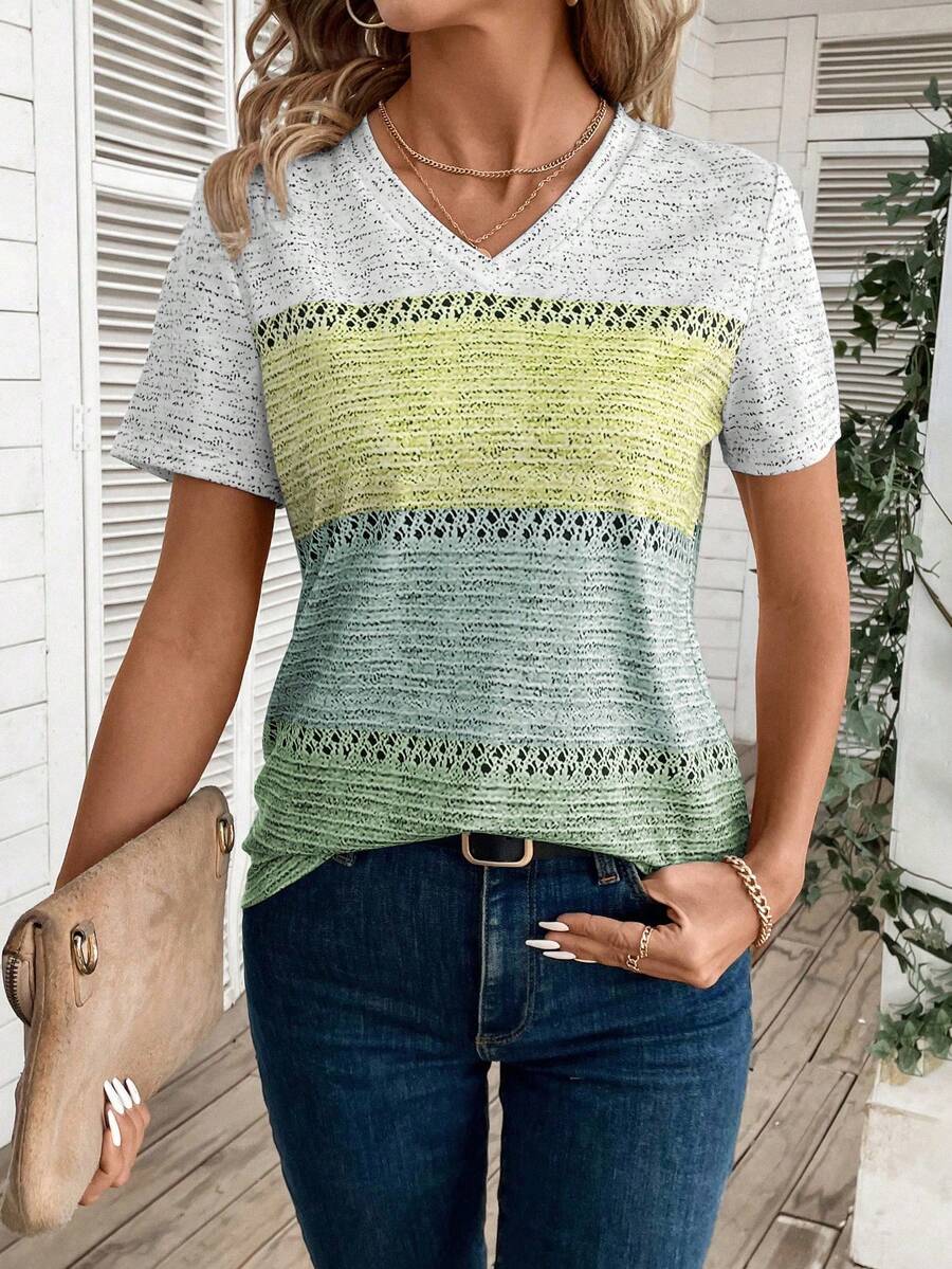 EMERY ROSE V-Neck Color Block Short Sleeve T-Shirt Graphic Tees Women Tops - Multicolor - View 1