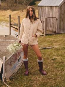 Aralina 女士格子长袖单排扣休闲宽松冬季外套 - 卡其色 - 查看 10