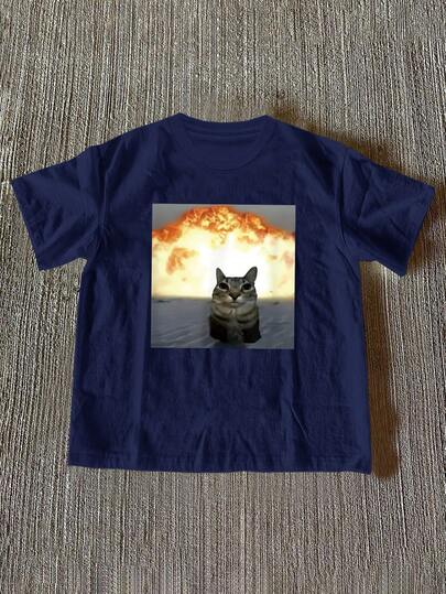 Manfinity Dauomo Men's Casual Cat Print Round Neck Short Sleeve T-Shirt, Suitable For Commuting And Outings