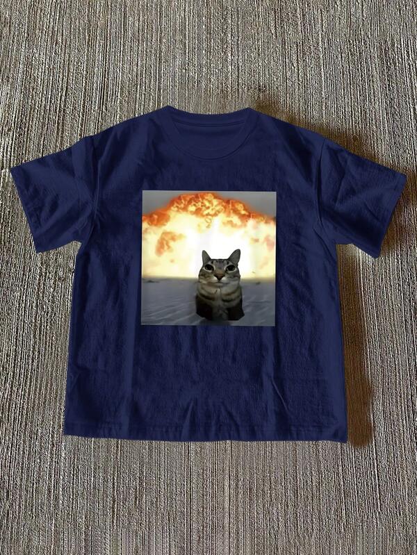 Manfinity Dauomo 男士休闲猫咪印花圆领短袖T恤，适合通勤和外出穿着