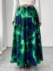 Elenzga 女士优雅扎染极简印花褶皱腰身半身裙，春秋季 - 藍色 - 查看 2