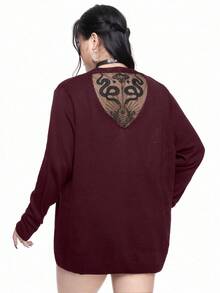ROMWE Goth 大码女式哥特式花卉蛇纹刺绣网纱拼接薄款开衫 - 紫色 - 查看 8