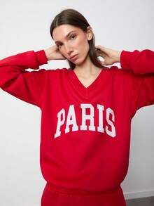SURIMA 2pcs Red Women Oversized V-Neck Fluffy Fleece Elastic Loose Sweatshirt And Sweatpants Set, Autumn/Winter - Red - View 3