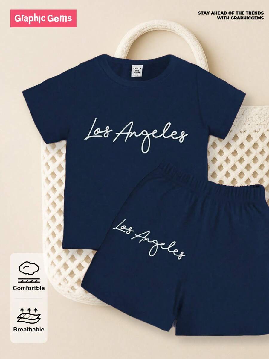 GraphicGems 2件套男婴休闲时尚创意字母标语印花短袖T恤和短裤套装，蓝色男婴街头风，洛杉矶男婴服装，海军蓝男婴套装，深蓝色男婴套装，洛杉矶男婴套装 - 藏蓝色 - 查看 1