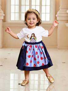 女婴肖像印花圆领短袖T恤和碎花裙套装 - 藍色 - 查看 4