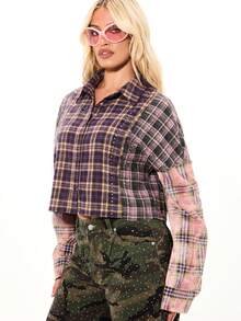 SUMWON Plus Size Studded Plaid Patchwork Button Down Shirt Long Sleeve Collared Cropped Blouse Festival Fall - Multicolor - View 4