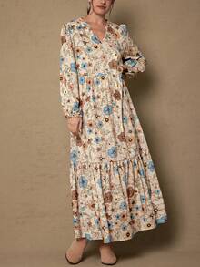 SHEIN LUNE 大码女士秋冬飘逸舒适修身印花长袖连衣裙，V领设计，适合冬季穿着，也可作为万圣节服装、娃娃款长裙、休闲外出服、教师装等。 - 彩色 - 查看 4