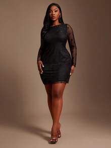 SHEIN SXY Valentine Plus Size Elegant Solid Color Black Lace Midi Dress,Autumn See Through Mesh Two Pieces Set For Curve,Goth Night Out Club Party Outfit, - Black - View 7