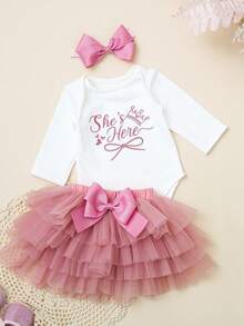SHEIN Accessoires de photographie pour nouveau-né fille Tenue de retour à la maison pour bébé fille d'1 mois Barboteuse avec jupe TUTU et serre-tête nœud Cadeau de douche pour nouveau-né - Multicolore - Voir 5