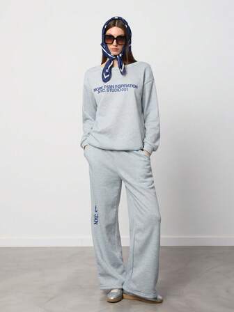 SURIMA 2pcs Women Loose Off-Shoulder Sweatshirt And Wide Leg Sweatpants Set, Thick Thermal Lining, Suitable For Autumn/Winter