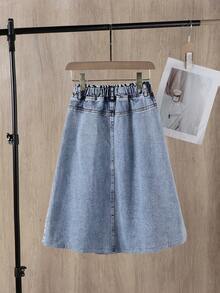 Tween Girl Versatile Blue Denim Long Pleated Skirt, Suitable Everyday Wear, Streetwear And Back To School, Casual Denim Pleated Skirt, Frayed Hem Waist - Blue - View 2