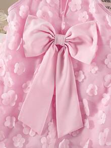 年轻女孩优雅可爱粉色碎花网纱无袖宽松露背蝴蝶结连衣裙 - 粉色 - 查看 4