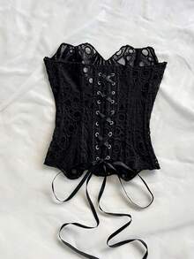 Soleia European & American Style Sexy Avant-Garde Lace Double-Layer Corset Bustier, Fishbone Contoured, Hollow Embroidered Bodysuit, Black