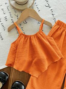 SHEIN LMoss Kids 2件套女婴纯色无袖背心和宽松休闲裤套装 - 橘色 - 查看 3