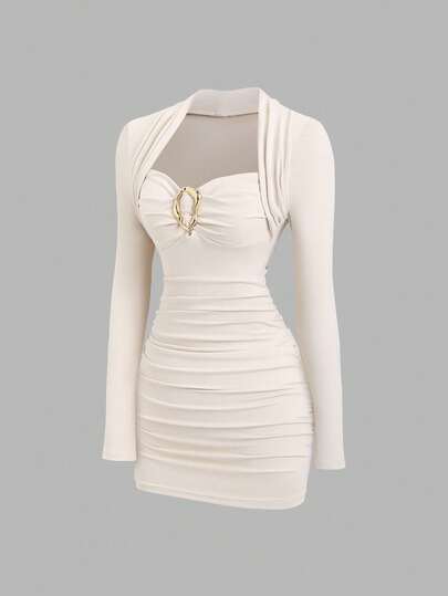 Sweetra New Elegant Party Cocktail Dress, Burgundy Color With Metal Decor, Fitted Silhouette, Suitable For Christmas And Formal Occasions