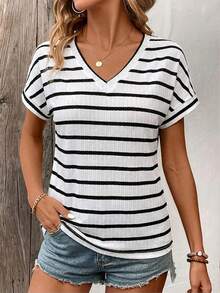 SHEIN LUNE Women's Summer Casual Striped Short Sleeve T-Shirt - Multicolor - View 3