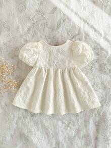 Loomiva Newborn Baby Girl Contrast Bow Round Neck Puff Sleeve Waist Tie Dress